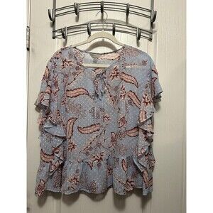 Belle & Sky Semi Sheer Blouse Floral Clip Dot Ruffle Flutter Sleeve Women’s XL